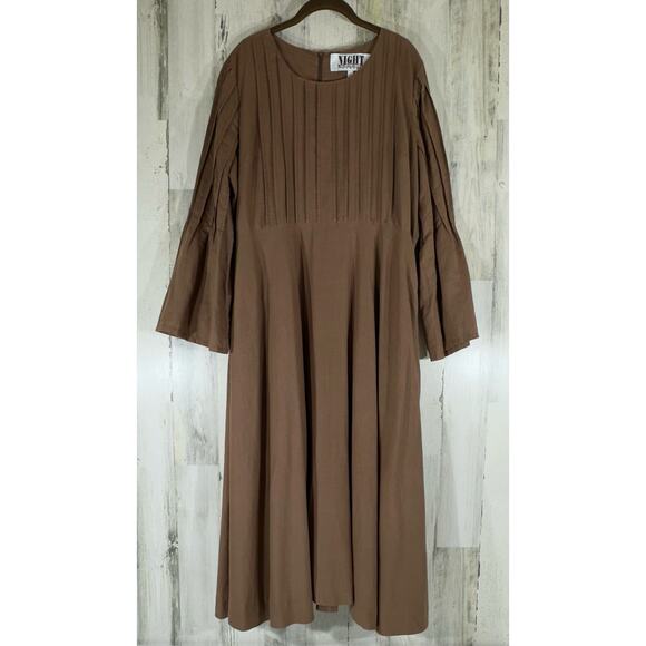 Night Studio Linen Maxi Dress Size Large Brown Pleated Lined Prairie Boho READ - Picture 1 of 10